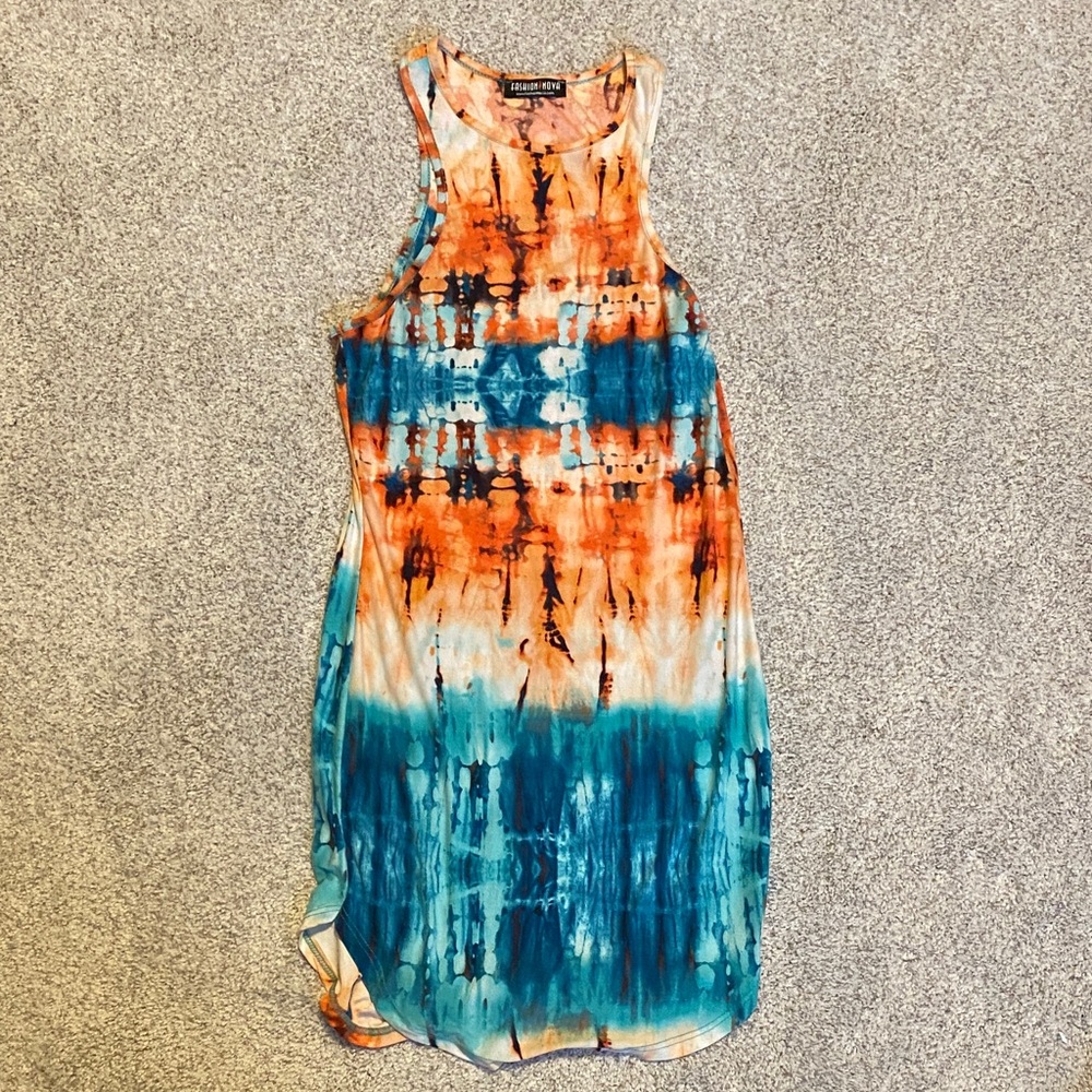 Fashion nova Orange and Blue Tie-Dye dress medium rewind